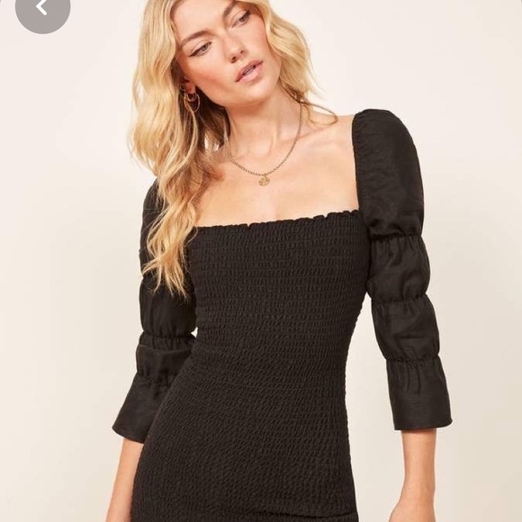 Reformation Jacinta Smocked Dress in Black - Picture 2 of 2